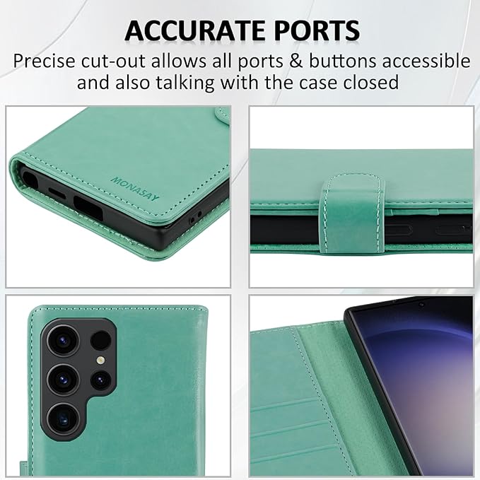 MONASAY Wallet Case Compatible for Galaxy S23 Ultra 5G,[RFID Blocking] Flip Folio Leather Cell Phone Cover with Credit Card Holder, 6.8 inch, Mint