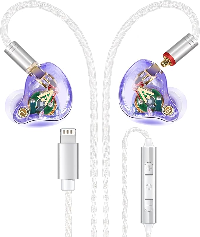 Vibes 202ML Wired Earbuds - HiFi in Ear Headphones - Noise-Isolating Ear Buds w/ Mic - Clear Sound, Deep Bass, Comfort-Fit Earphones - MMCX–Lightning for iPhone 5–14, Silver Plated Cord, Carrying Case