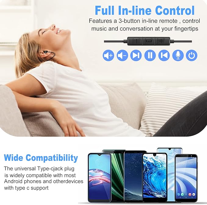 MAXROCK 2PCS Sleep Wired Headphones with USB-C Plug, Wired Ear Buds or Sleeping Earphones with Built-in Remote to Control Music, Phone Calls, and Volume for iphone15, Samsung Android Phones