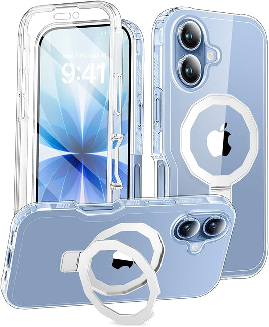 Compatible with iPhone 17 Case, Built-in Screen Protector & Seamless Stand, with Camera Lens Protector, Strong Magnetic Clear Phone Case, Full Body Protective Cover for 6.3" (Clear)