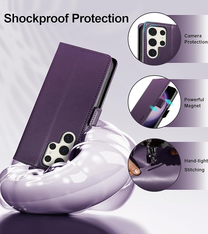 Wallet Flip Case for Samsung Galaxy S23 Ultra 5G - [RFID Blocking] Luxury PU Leather Card Holder Magnetic Phone Cover with Kickstand,Shockproof Protective Case,Purple