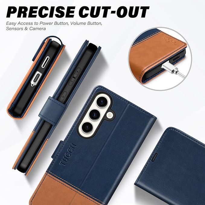 TUCCH Case Wallet for Galaxy S25 Plus, PU Leather Magnetic Kickstand [RFID Blocking] Card Slot Folio Flip Cover with [TPU Shockproof Interior Case] Compatible with Galaxy S25 Plus 6.7", Blue & Brown