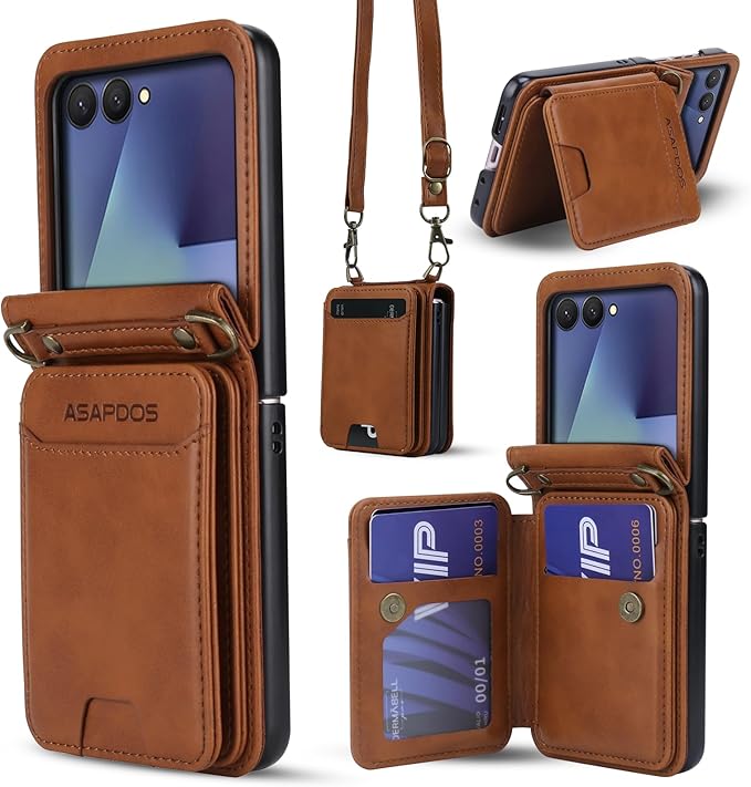 ASAPDOS for Samsung Galaxy Z Flip 7 PU Leather Wallet Phone Case with Card Slots (Holds 5 Cards), Anti-Drop Protection, Wrist & Shoulder Strap Brown