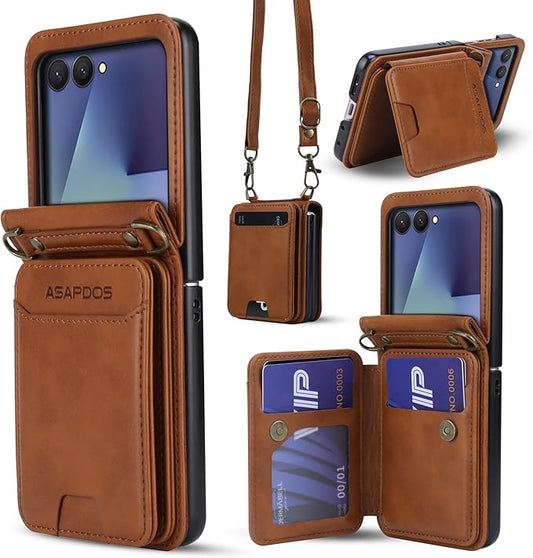 ASAPDOS for Samsung Galaxy Z Flip 7 PU Leather Wallet Phone Case with Card Slots (Holds 5 Cards), Anti-Drop Protection, Wrist & Shoulder Strap Brown