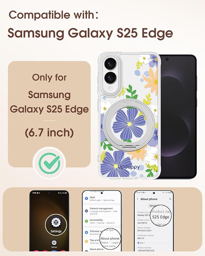 for Samsung Galaxy S25 Edge Case with 360° Rotatable Magnetic Ring - Compatible with MagSafe, Semi-Transparent Soft-Touch Material Shockproof, Cute Purple Flower Design for Women Girl