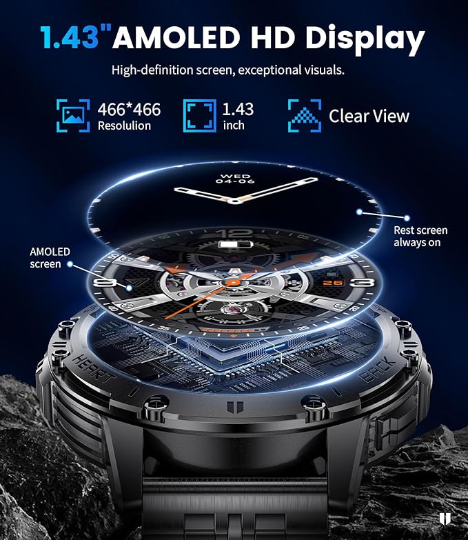 LIGE 1.43" AMOLED Smart Watch for Men with Flashlight, Bluetooth Calling, 100+ Sport Modes, 530mAh, IP68 Waterproof Fitness Tracker for Workout, iOS Android Compatible, Black Steel Leather