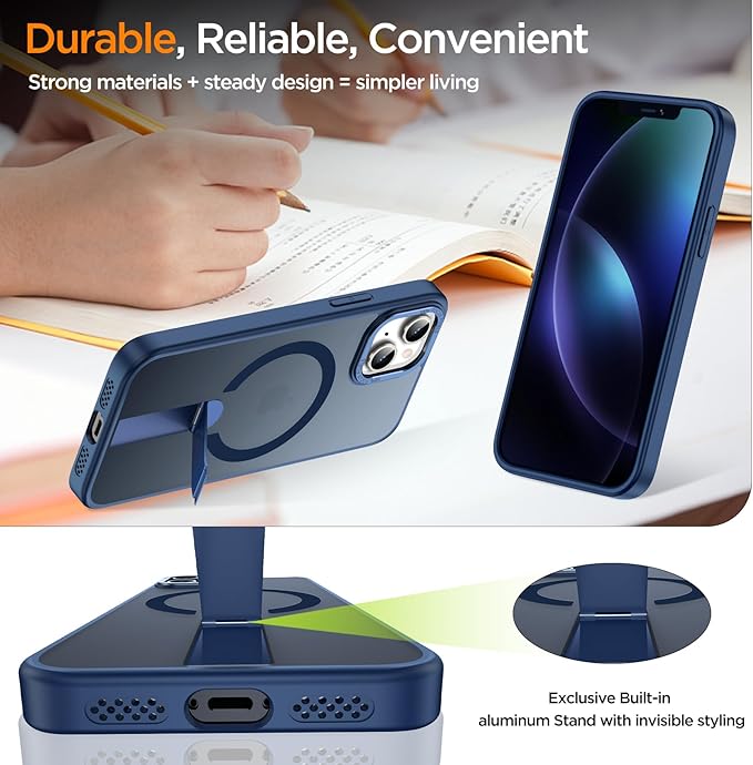 for iPhone 13 Case with Kickstand, [Invisible Stand] Compatible with MagSafe, Anti-Slip Shockproof Military-Grade Protection, Magnetic Slim Translucent Phone Case for iPhone 13 Cover (Blue)