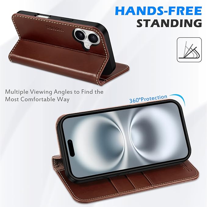 SHIELDON Case for iPhone 16 5G, Genuine Leather Foldable Wallet Magnetic Cover Kickstand RFID Blocking Credit Card Holder Shockproof Phone Case Compatible with iPhone 16 6.1" 2024 - Retro Coffee