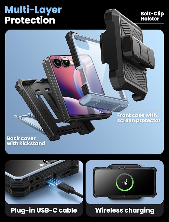 i-Blason for Samsung Galaxy Z Flip 7 Case with Stand, [Tempered Glass Screen Protector] [Hinge Protection] [Belt-Clip], Full-Body Military Protection Phone Case for Samsung Z Flip 7, Armorbox, Blue