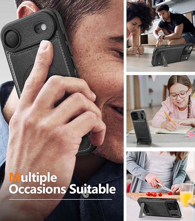 Magnetic for iPhone Air Leather Case,Built-in Invisible Stand [Compatible with Magsafe] Protective Slim Kickstand Phone Cover for iPhone Air Case, Black