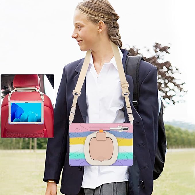 360 Rotation Portable Case for Galaxy Tab S8+/S7 FE/S7+ 12.4 Inch Case with S Pen Holder Rugged Case Rotating Stand Hand Strap Shoulder Carrying Strap Outdoor Cover (Colourful Pink)