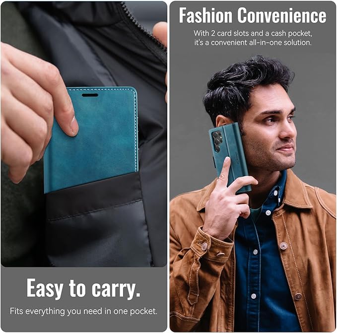 Wallet Case for Samsung Galaxy S24 Ultra Leather Wallet Flip Cover with Card Holder, Kickstand, Magnetic Closure, RFID Blocking TPU Shockproof Phone Case Compatible with S24 Ultra,Blue-Green