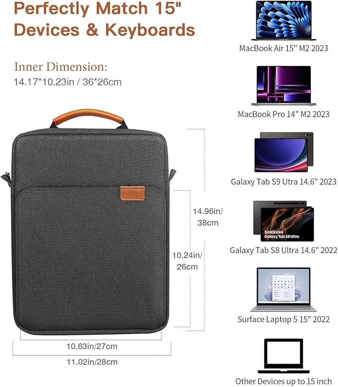 MoKo 15 Inch Laptop Sleeve Bag Fits MacBook Air 15" M2 2023, MacBook Pro 14" M2 2023, Galaxy Tab S9 Utra 14.6" 2023, Handle Carrying Case with Shoulder Strap, Black & Gray
