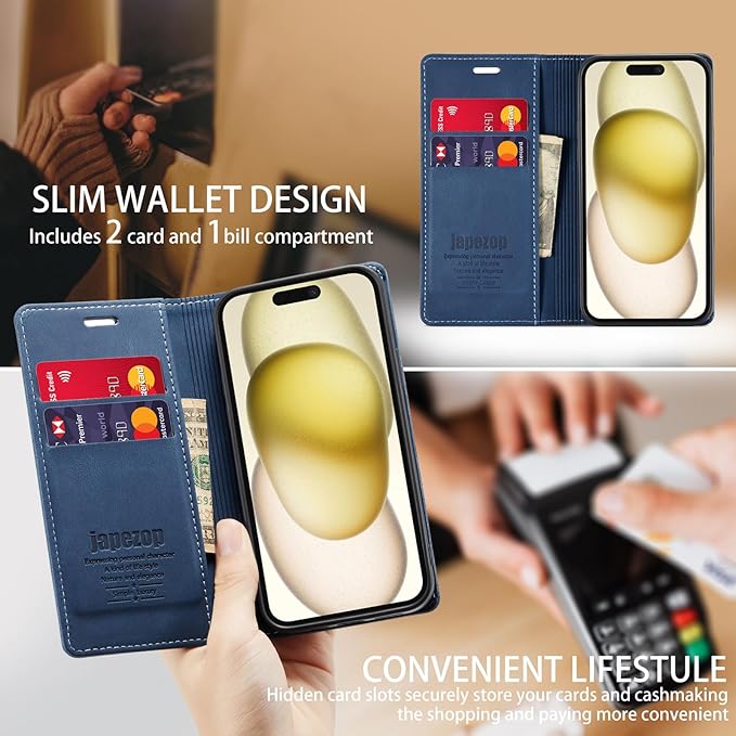 japezop iPhone 15 5G Wallet Case with [RFID Blocking],Card Holder Kickstand Magnetic,Leather Flip Case Wallet for iPhone 15 5G 6.1 Inch(Blue)