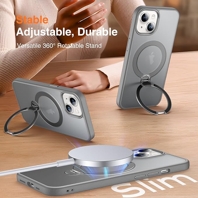 360° O-Ring MagStander for iPhone 13 Case, iPhone 14 Case with Magnetic Stand Ring Holder [Compatible with MagSafe][15FT Military Shockproof] Kickstand iPhone 13/14 Phone Cover Matte Grey