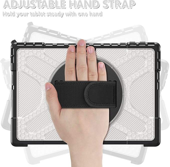 Junfire Protective Case for Microsoft Surface Pro 7 Plus, Surface Pro 7/6/5/4 Shockproof Rugged Case with 360°Rotating Kickstand/Hand Strap/Stylus Holder, Compatible with Type Cover Keyboard,Clear