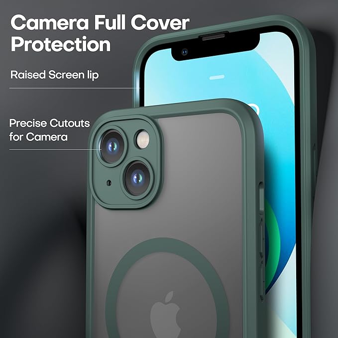 ImpactStrong Magnetic Guard Designed for iPhone 13 Case [Camera Protection] [Military Grade Drop Tested] [Compatible with MagSafe] Slim Translucent Matte Phone Case (6.1") - Dark Green