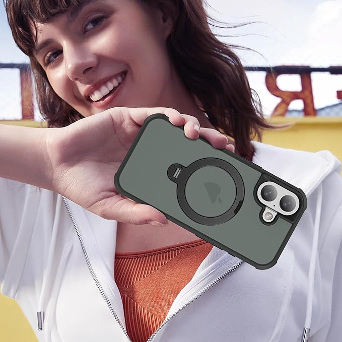 Compatible with iPhone 17 Case with Invisible Magnetic 360°Spin Stand,Military-Grade Shockproof Protection [Compatible with Mag-Safe] Non-Slip Edge Translucent Case (6.3",Black)