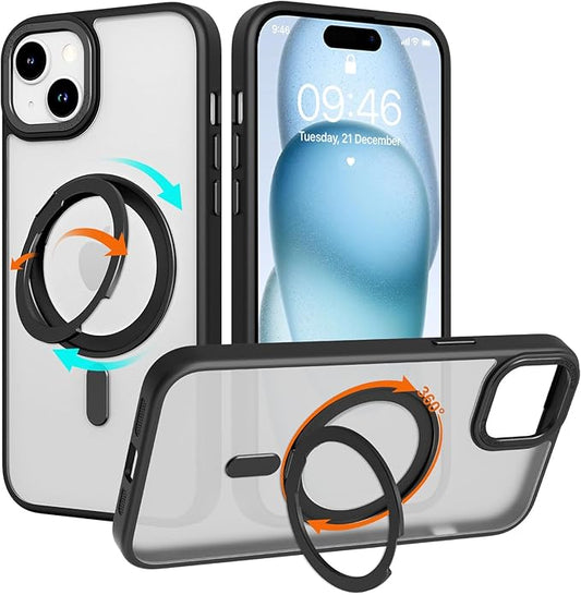 ZIYE Magnetic Case for iPhone 15 Case with Stand [Compatible with MagSafe] Slim Shockproof Military Grade Heavy Duty Cover with 360 Rotatable Ring Kickstand for Women Men, Translucent Black