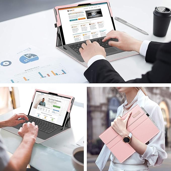 Fintie Case for 12.3 Inch Microsoft Surface Pro 7 Plus, Surface Pro 7/6/5/4/3 - Portfolio Business Cover with Pocket, Compatible with Type Cover Keyboard, Rose Gold