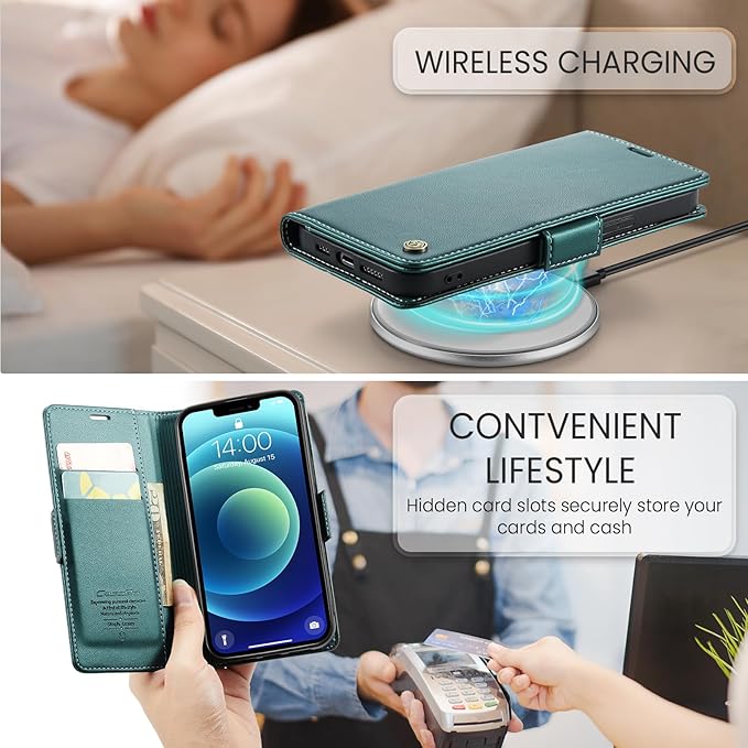 for iPhone 12 Mini Case, Premium PU Leather Wallet Case Flip Cover with [RFID Blocking][Card Holder][Stand Function] Shockproof Protective for iPhone 12 Mini 5.4 inch, Blue-Green