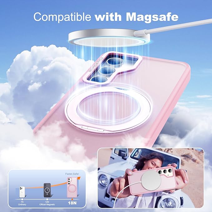 Compatible with Samsung Galaxy S24 Case with 360Rotatable Magnetic Ring Stand Compatible with Mag-Safe Military Protection Shockproof Translucent Phone Case for S24 6.2",Pink