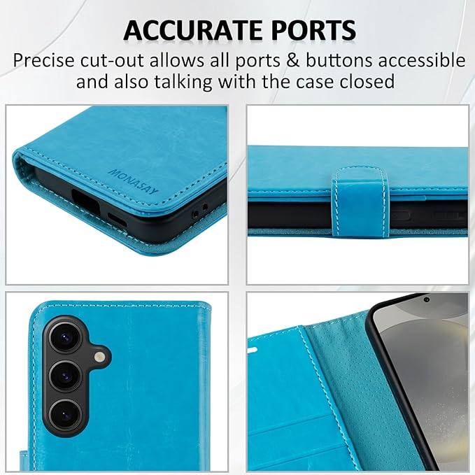 MONASAY Wallet Case Fit for Samsung Galaxy S24+ Plus 5G, [Lens & Glass Screen Protector Included] [RFID Blocking] Flip Folio Leather Cell Phone Cover with Credit Card Holder，6.7 inch, Light Blue