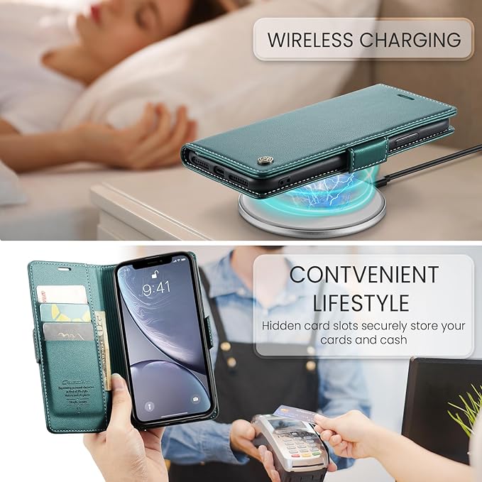 for iPhone XR Case, Premium PU Leather Wallet Case Flip Cover with [RFID Blocking][Card Holder][Stand Function] Shockproof Protective for Apple iPhone XR, Blue-Green