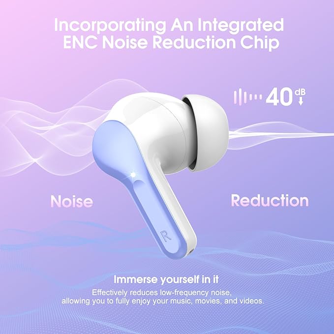 Wireless Earbuds, Bluetooth 5.4 Headphones HiFi Stereo, Bluetooth Earbuds with ENC Noise Cancelling Mic, IP7 Waterproof in Ear Earphones, 48H, LED Display Ear buds for Pad Workout Sports, White Purple