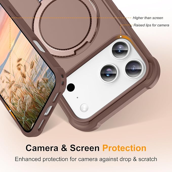 Compatible with iPhone 17 Pro Max Case with Invisible Magnetic Ring Stand [Compatible with Magnetic] [Military Drop Protection] Shockproof Slim Hard Back Soft Edge Case 6.9 Inch, Khaki