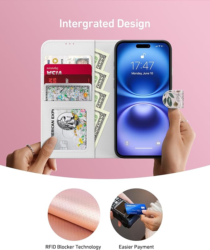 DEENAKIN for iPhone 16 Wallet Case with Card Holder + Cash Clip, RFID-Blocking, Military-Grade Drop Protection, Magnetic Closure with Leather Kickstand - Vibrant Foliage