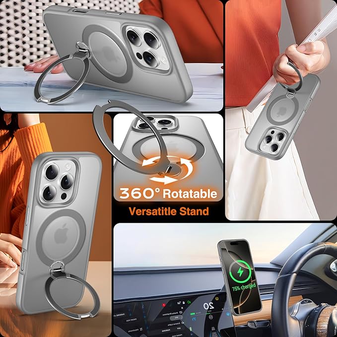 360° O-Ring MagStander for iPhone 16 Pro Max Case with Magnetic Kickstand Ring Holder [Compatible with MagSafe][360°Rotate Stand][Military Shockproof] iPhone 16 Pro Max Phone Cover Grey