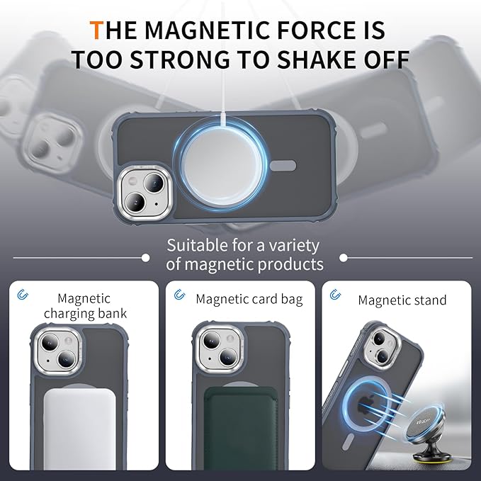 Magnetic for iPhone 15 Plus Case/iPhone 14 Plus Case Gray with MagSafe Wireless Charging Military-Grade Shockproof Protection Adjustable Kickstand Slim Matte Anti-Fingerprint Cover Men Women