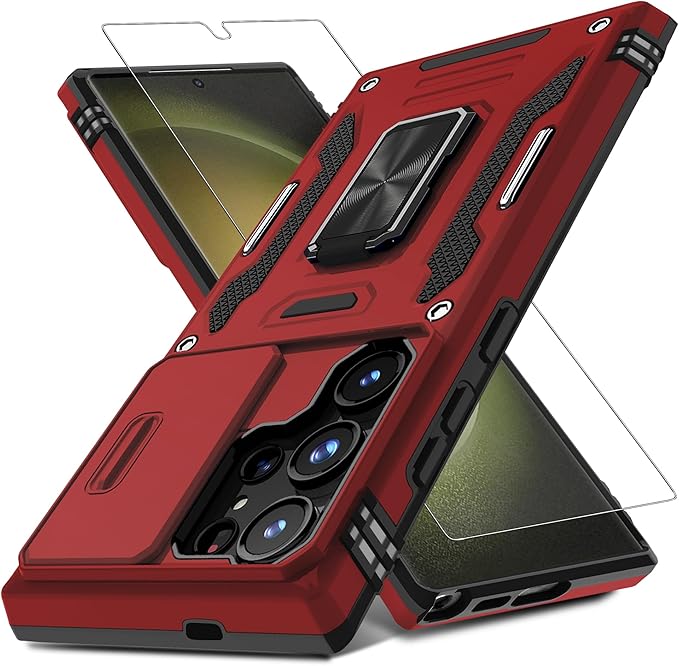 DEERLAMN Case for Samsung Galaxy S25 Ultra with Slide Camera Cover+Screen Protector (1 Pack), Rotated Ring Kickstand Military Grade Shockproof Protective Cover-Red