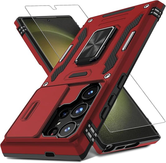 DEERLAMN Case for Samsung Galaxy S25 Ultra with Slide Camera Cover+Screen Protector (1 Pack), Rotated Ring Kickstand Military Grade Shockproof Protective Cover-Red
