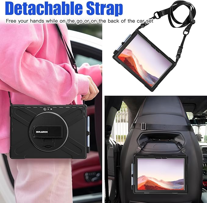 BRAECNstock Silicone Case for Microsoft Surface Pro 7+ Plus/Pro 7/6/5/4 12.3" Rugged Surface Pro 7+/7/6/5/4 Kids Cover with Screen Protector Rotating Hand Strap+Stand Pen Holder Shoulder Strap - Black