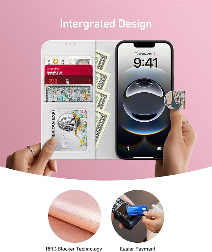 DEENAKIN for iPhone 16e Wallet Case with Card Holder + Cash Clip, RFID-Blocking, Military-Grade Drop Protection, Magnetic Closure with Leather Kickstand - Floral Daisy Pattern