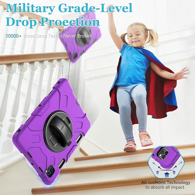 Case for iPad Pro 11 Inch 2022/2021/ 2020/2018: Silicone Cover for iPad 11 Inch 4th/ 3rd/ 2nd/ 1st/ Generation with Screen Protector- Stand- Handle- Shoulder Strap- Pencil Holder- Purple