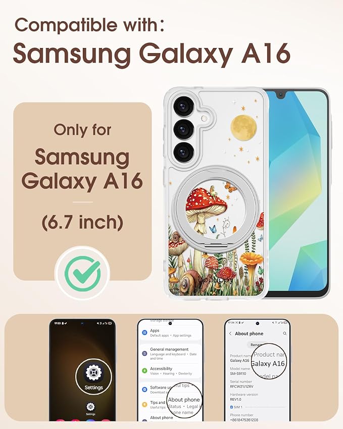 for Samsung Galaxy A16 4G/5G Case with 360° Rotatable Magnetic Ring - Semi-Transparent Anti-Fingerprint Soft-Touch Material Shockproof, Cute Mushroom & Butterfly Design for Women Girl