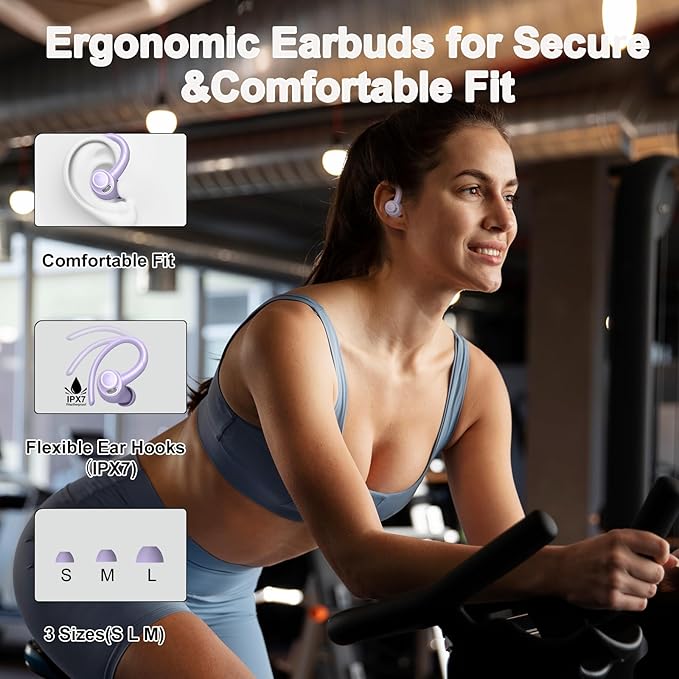 Wireless Earbuds Bluetooth 5.3 Headphones Sports, 48Hrs Playtime Bluetooth Earbuds with CVC 8.0 Mic, Stereo Bass Over Ear Bud with Earhooks, LED Display, IP7 Waterproof Earphon for Running Purple