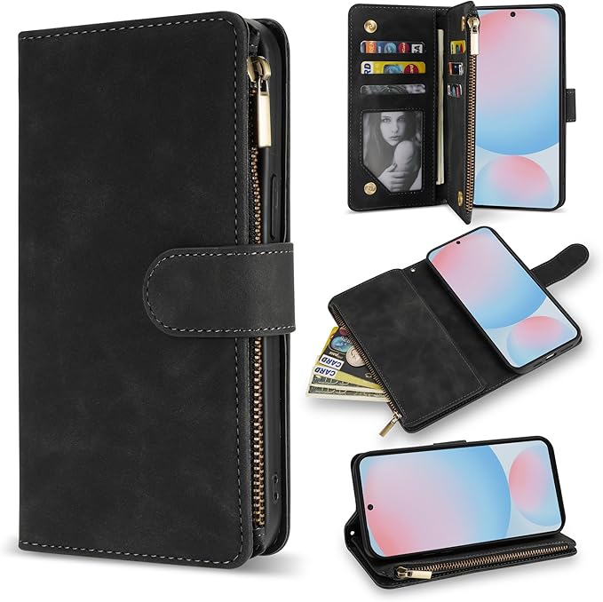 ZZXX for Samsung Galaxy S24 FE Wallet Case with RFID Blocking Card Slot PU Leather Zipper Flip Folio with Strap Kickstand Protective Cover for Samsung Galaxy S24 FE Case Wallet(Black-6.7 inch)