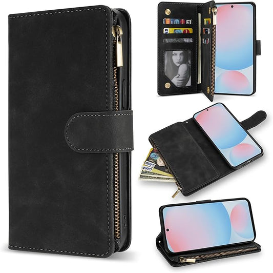 ZZXX for Samsung Galaxy S24 FE Wallet Case with RFID Blocking Card Slot PU Leather Zipper Flip Folio with Strap Kickstand Protective Cover for Samsung Galaxy S24 FE Case Wallet(Black-6.7 inch)