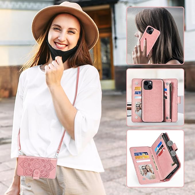 Asuwish Phone Case for iPhone 14 6.1 inch Zipper Wallet Detachable Cell Cover with Tempered Glass Screen Protector Crossbody Strap Flower Card Holder iPhone14 5G i i-Phone i14 14Case Women Rose Gold
