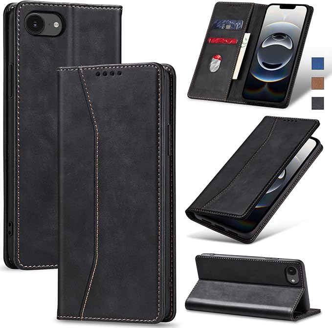 Jasonyu Flip Wallet Case for iPhone 16E,Leather Magnetic Folio Cover with Card Holder,Kickstand - TPU Shockproof Durable Protective Phone Case,Black
