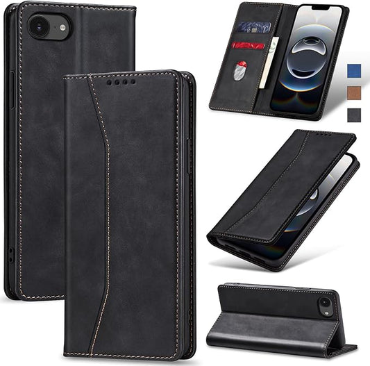 Jasonyu Flip Wallet Case for iPhone 16E,Leather Magnetic Folio Cover with Card Holder,Kickstand - TPU Shockproof Durable Protective Phone Case,Black