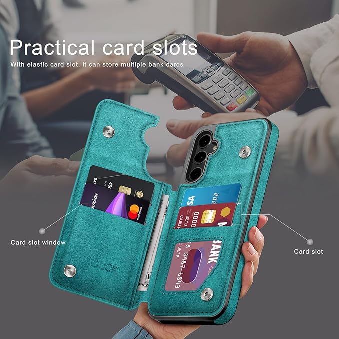 DJDUCK Designed for Samsung Galaxy S25 Plus Case Wallet with Card Holder, [Magnetic Clasp Cover] [RFID Blocking Leather Protection] Shockproof Women Men Cases for Samsung S25 Plus Blue Green