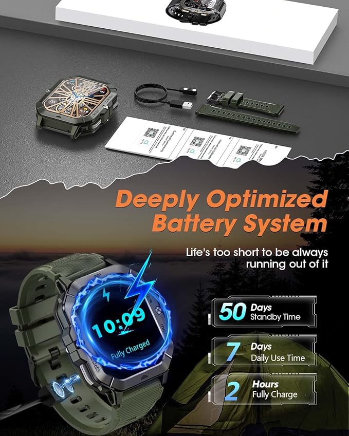 Military Smart Watches for Men (Answer/Make Calls), Waterproof Rugged Fitness Tracker with Blood Pressure/Heart Rate/SpO2/Sleep, Bluetooth Tactical Smart Watch for Android and iPhone, Military Green