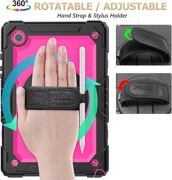 SEYMAC stock Case for Samsung Galaxy Tab A8 10.5'', Full-Body Drop Protection Case with Screen Protector Pencil Holder [360° Rotating Hand Strap] &Stand, Pink+Black