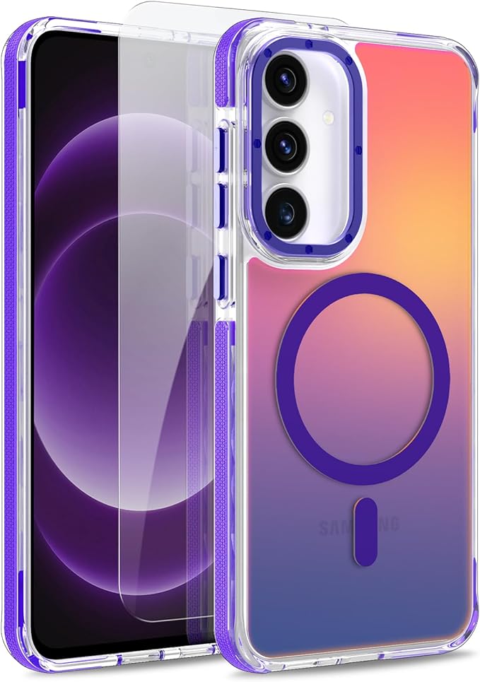 MOWIME Magnetic Case for Samsung Galaxy S25 FE 5G [Compatible with Magsafe] [Cute Fashion Fluorescent Design] [1 Screen Protector] Slim Translucent Matte Case for Galaxy S25 FE 5G 6.7", Purple