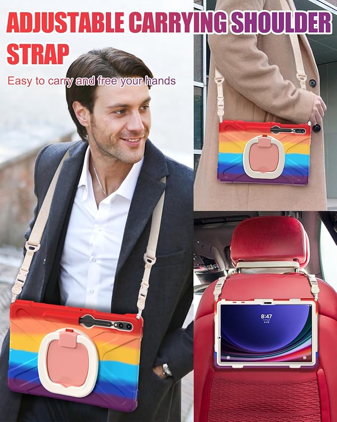 BRAECN Case for Samsung Galaxy Tab S10+/S9 FE+/S9+ 12.4” SM-X820/X610, Heavy Duty Silicone Cover w/Screen Protector/S Pen Holder/Kickstand/Shoulder Strap for Galaxy Tab S8+/S7 FE/S7+, Colorful Red